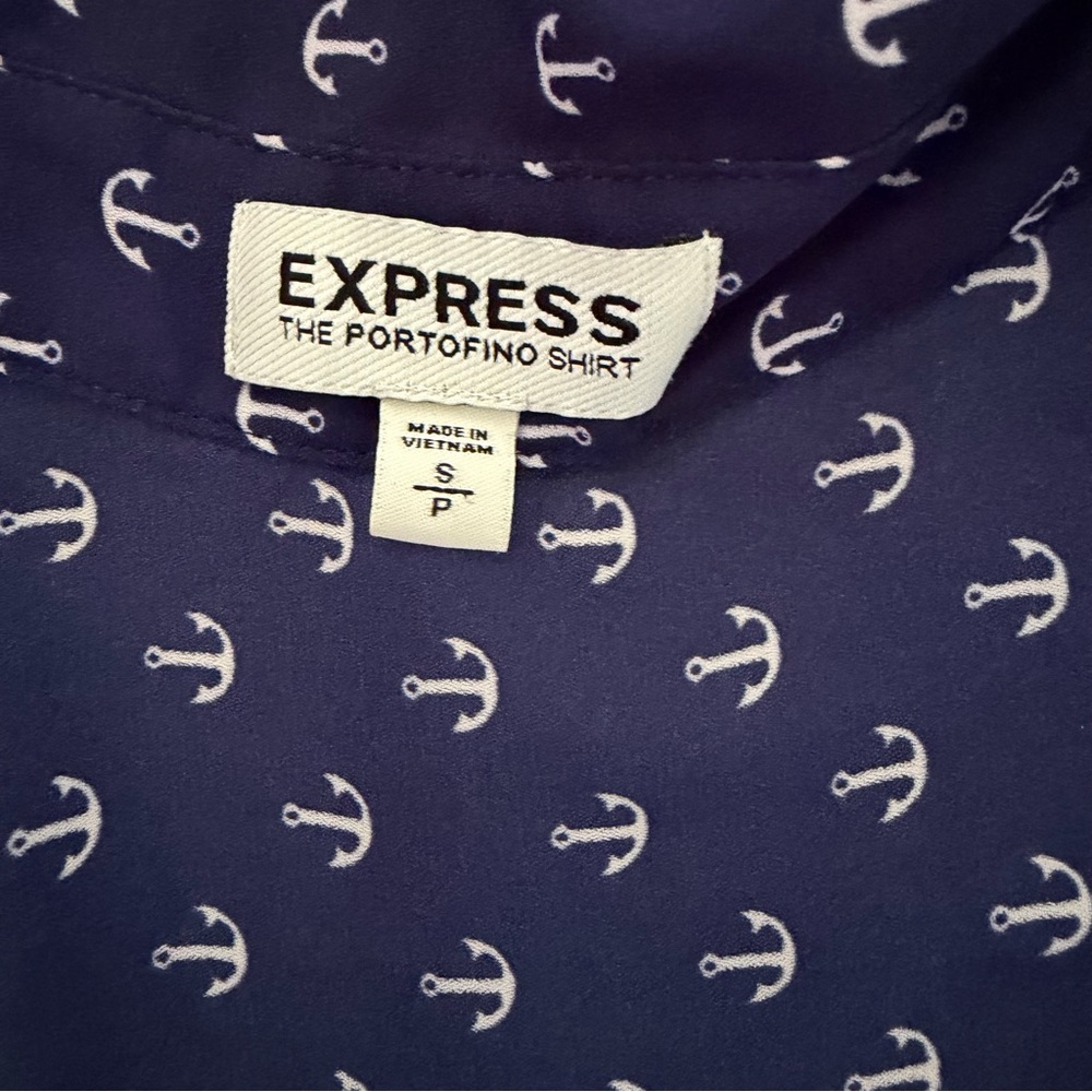 Nautical Anchor Print Blouse S Express Long Sleeve Button Down Navy Coastal Blue - Picture 4 of 10